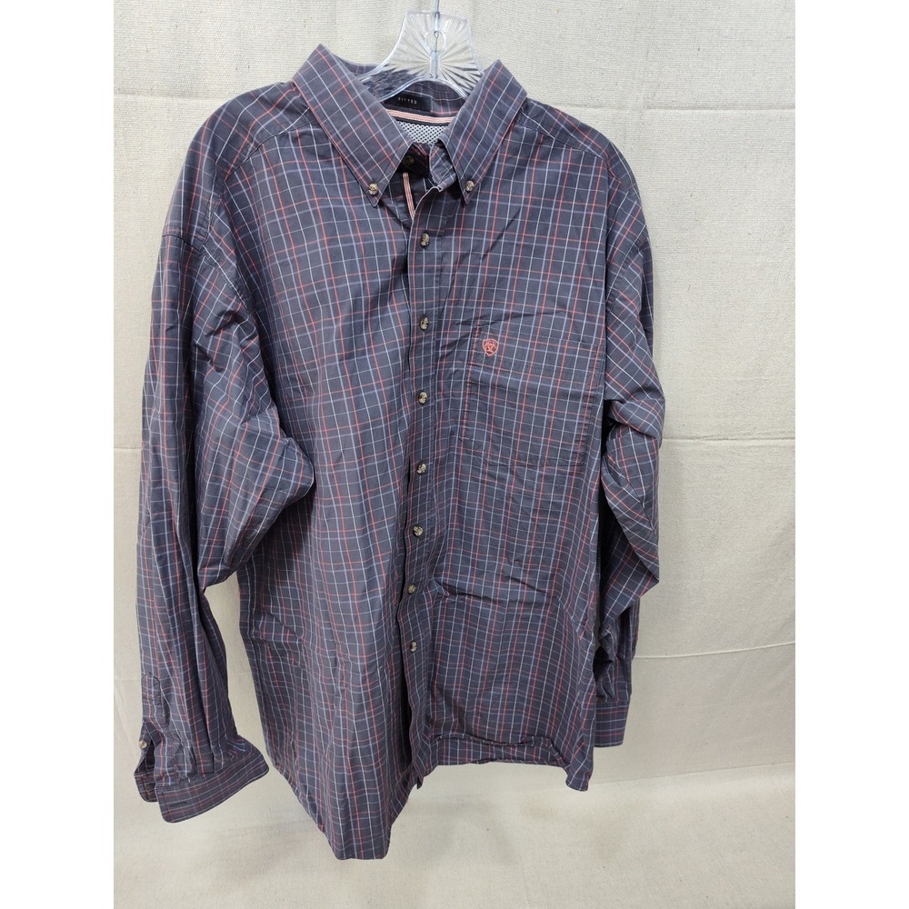 Ariat Pro Series Mens Fitted Plaid Long Sleeve Button Down Shirt Gray Orange XL